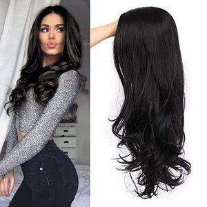 𝅺🆕BLACK Long Wavy Natural Looking Curly Wig Synthetic Middle Part Full Head NWT
